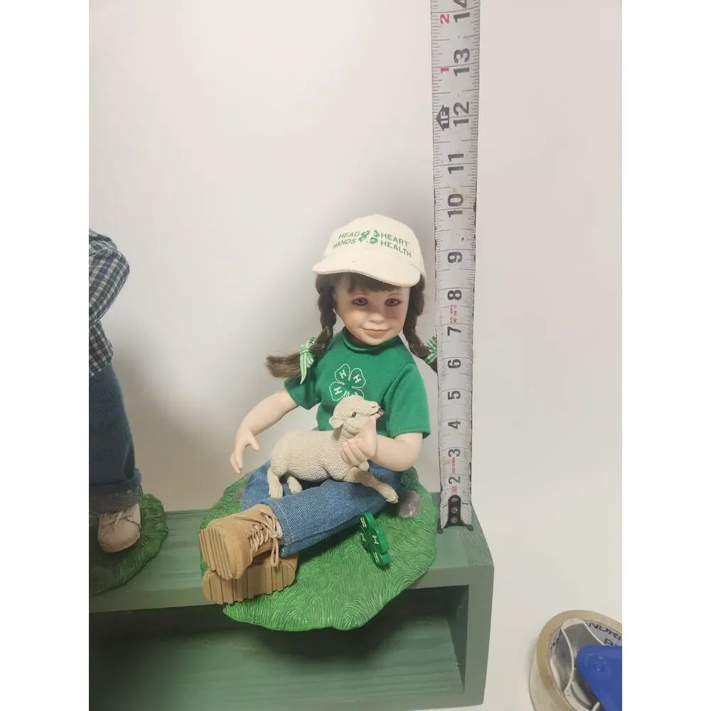 Danbury Mint 4-H Porcelain Doll Set Boy & Girl with Calf Lamb 14